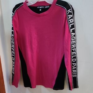 Karl Lagerfeld Vibrant Pink and Black Logo Sleeve Shirt.